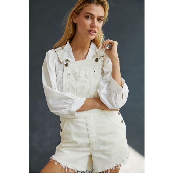 NEW Anthropologie Pilcro Ivory Frayed Denim Dungarees Overalls Shortalls Size 26 - Picture 2 of 4